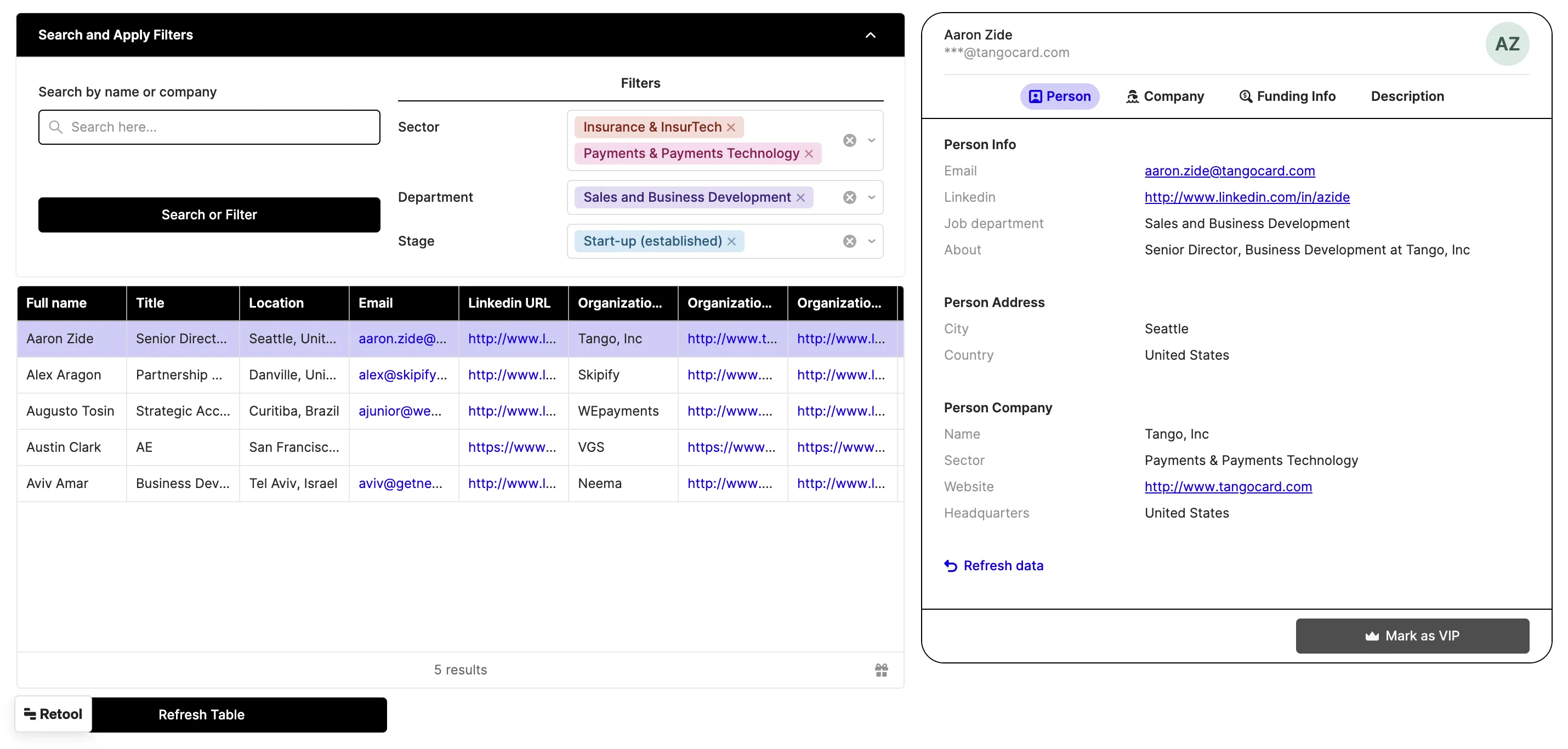 Event attendees filtering capabilities built by our Retool Developers at Toolpioneers