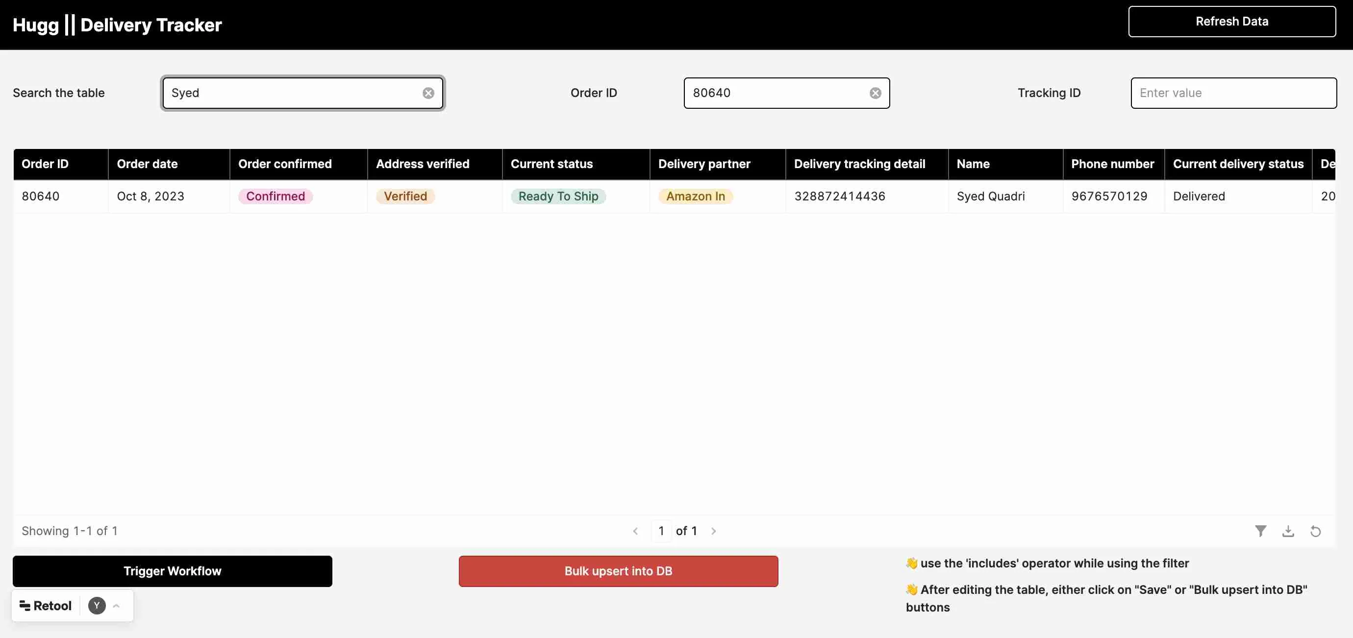search functionality on our Retool delivery tracker